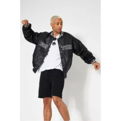 I Saw It First Premium Faux Leather Boston Graphic Padded Bomber Jacket