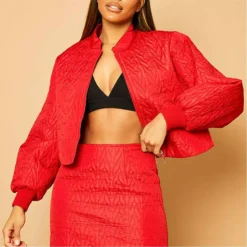 I Saw It First Collarless Oversized Quilted Bomber Jacket