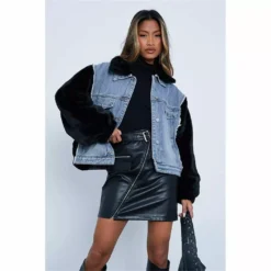 I Saw It First Faux Fur Trim Oversized Denim Jacket