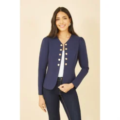 Yumi Navy Ponte Jacket With Military Buttons